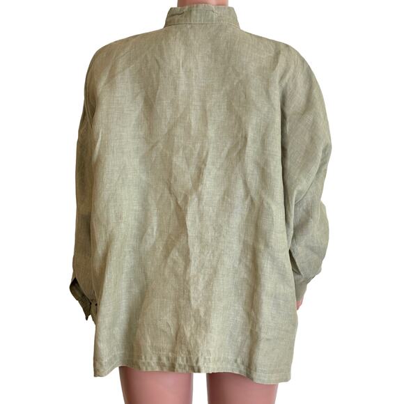 Eskandar Shirt Sz 0 Oatmeal Linen Mandarin Stand Collar Longer Back Blouse Top - Picture 3 of 11